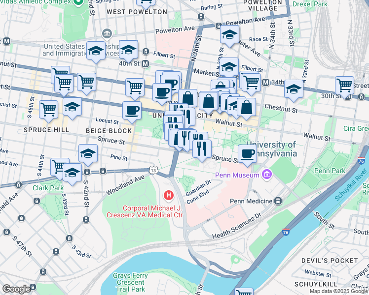 map of restaurants, bars, coffee shops, grocery stores, and more near 256 South 37th Street in Philadelphia