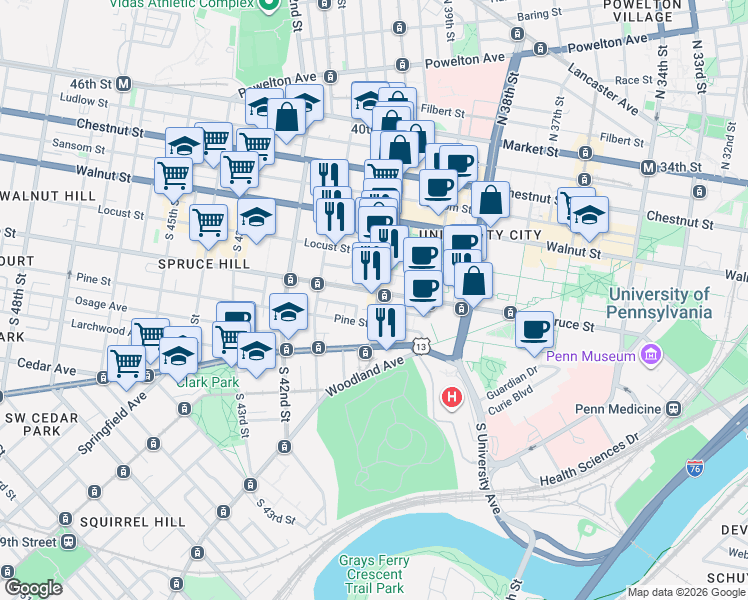 map of restaurants, bars, coffee shops, grocery stores, and more near 4015 Pine Street in Philadelphia