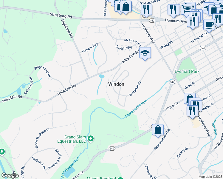 map of restaurants, bars, coffee shops, grocery stores, and more near 178 Mansion House Drive in West Chester