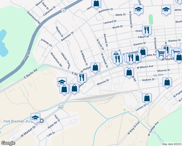 map of restaurants, bars, coffee shops, grocery stores, and more near 2399 West Market Street in York
