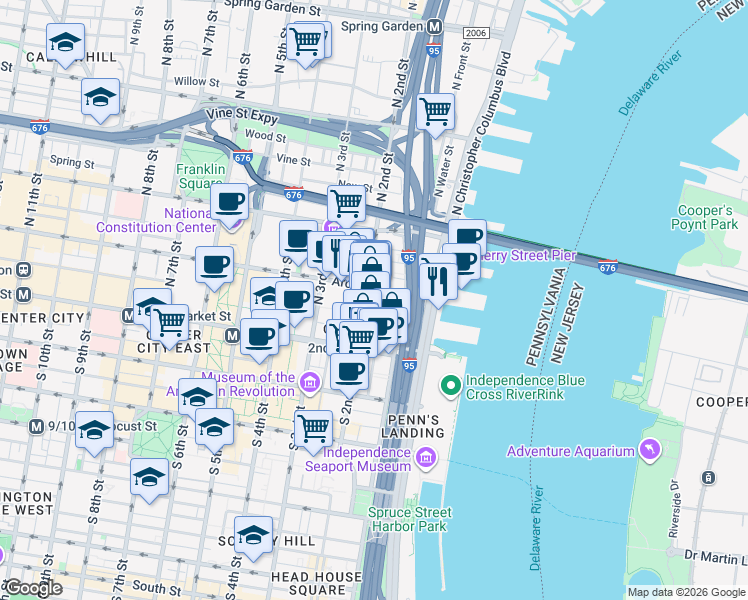 map of restaurants, bars, coffee shops, grocery stores, and more near 24 Cuthbert Street in Philadelphia