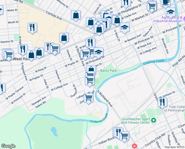 map of restaurants, bars, coffee shops, grocery stores, and more near 932 West College Avenue in York