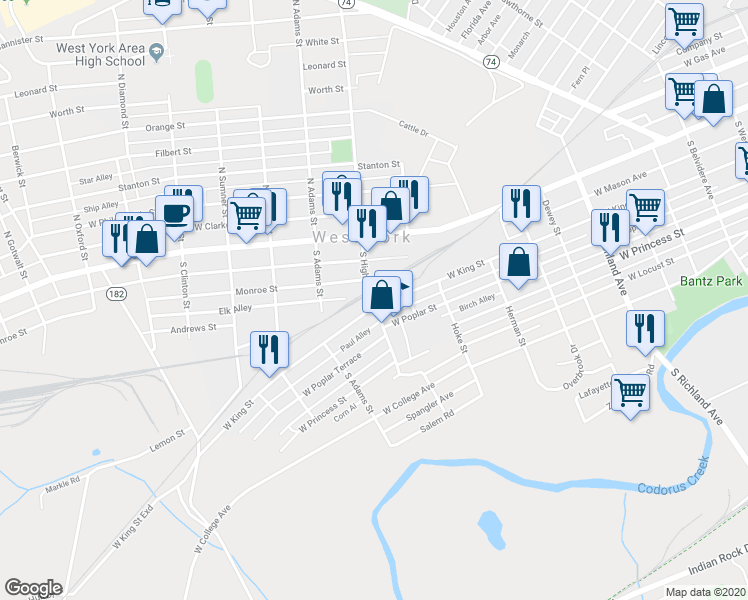 map of restaurants, bars, coffee shops, grocery stores, and more near 92 South Highland Avenue in West York