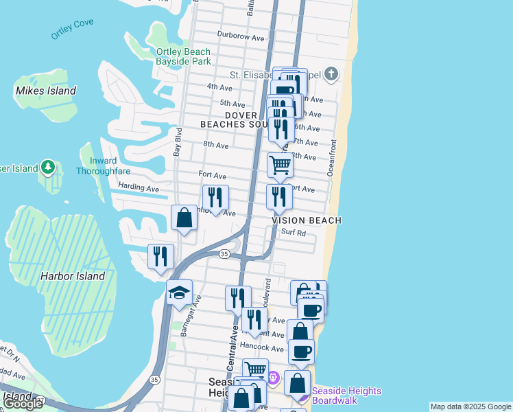 map of restaurants, bars, coffee shops, grocery stores, and more near 112 Eisenhower Avenue in Seaside Heights