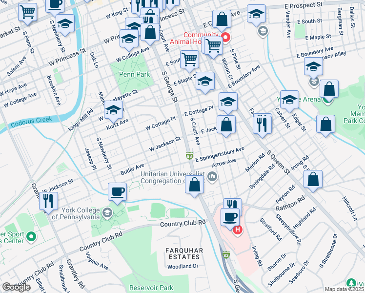 map of restaurants, bars, coffee shops, grocery stores, and more near 818 South George Street in York