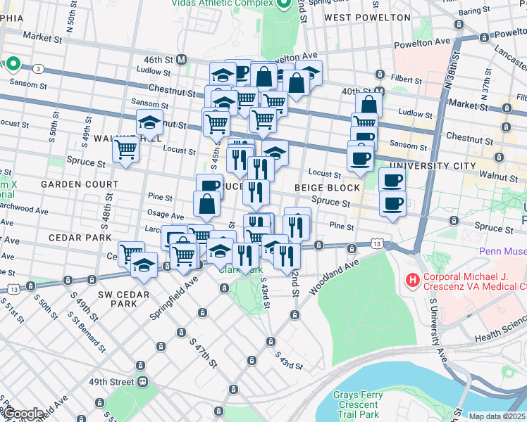 map of restaurants, bars, coffee shops, grocery stores, and more near 333 South 43rd Street in Philadelphia