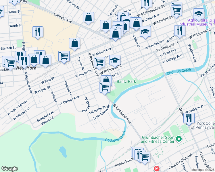 map of restaurants, bars, coffee shops, grocery stores, and more near 932 West College Avenue in York