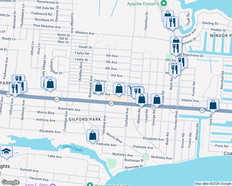 map of restaurants, bars, coffee shops, grocery stores, and more near 2316 Adams Avenue in Toms River