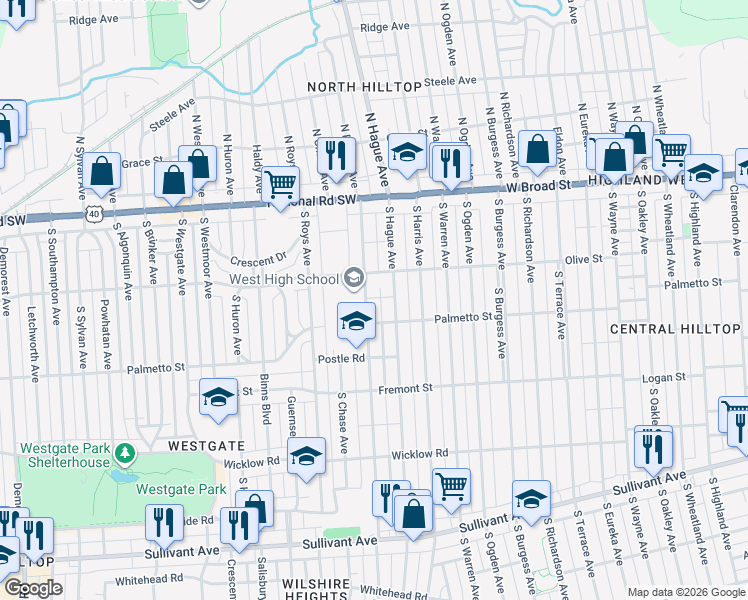 map of restaurants, bars, coffee shops, grocery stores, and more near 186 South Powell Avenue in Columbus