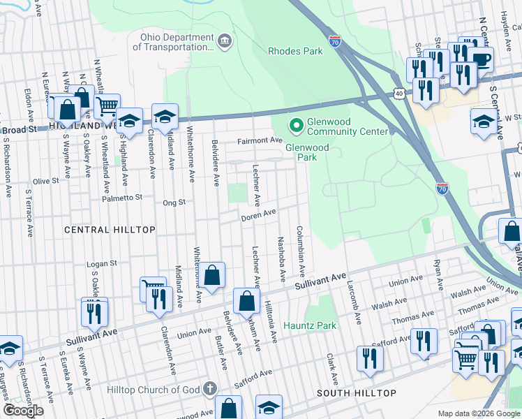 map of restaurants, bars, coffee shops, grocery stores, and more near 1951 Doren Avenue in Columbus