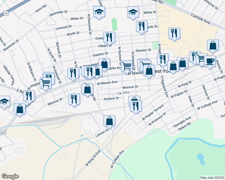 map of restaurants, bars, coffee shops, grocery stores, and more near 1746 Monroe Street in West York