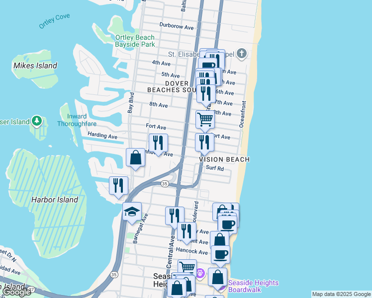 map of restaurants, bars, coffee shops, grocery stores, and more near 112 Eisenhower Avenue in Seaside Heights