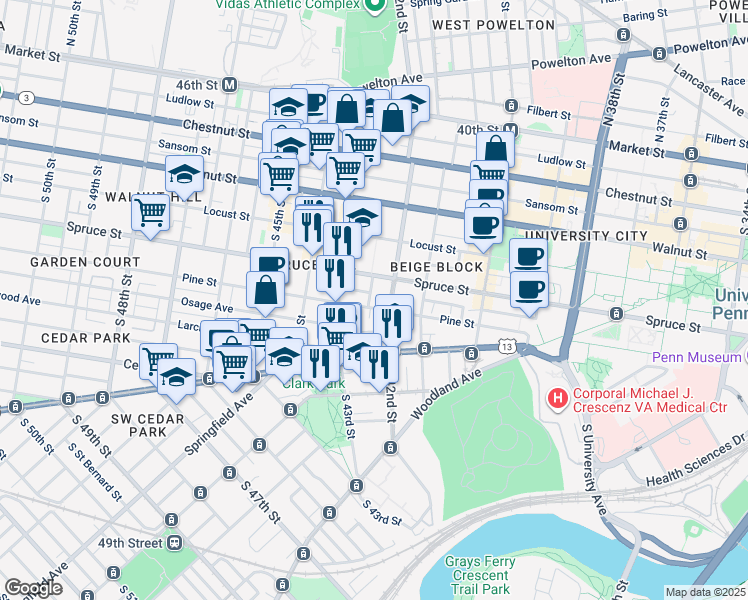 map of restaurants, bars, coffee shops, grocery stores, and more near 4205 Pine Street in Philadelphia