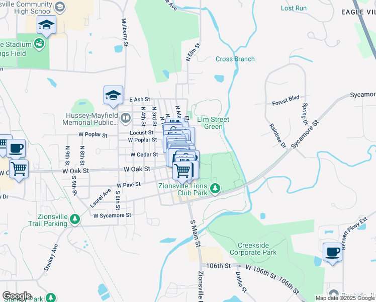 map of restaurants, bars, coffee shops, grocery stores, and more near 85 East Cedar Street in Zionsville