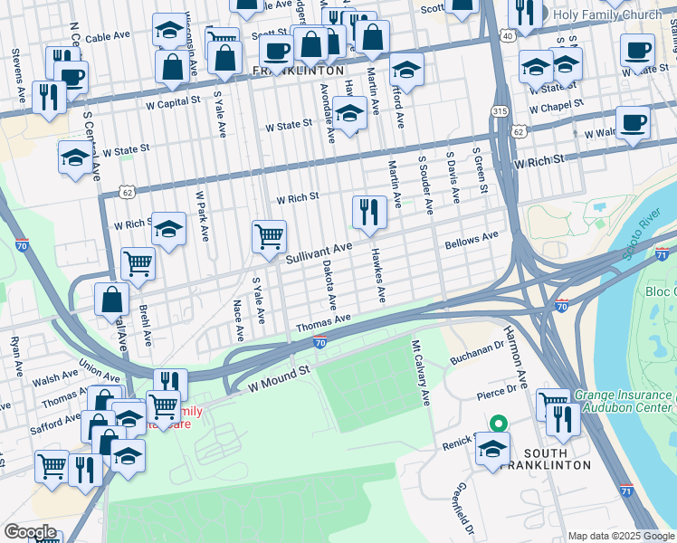 map of restaurants, bars, coffee shops, grocery stores, and more near 1035 Bellows Avenue in Columbus