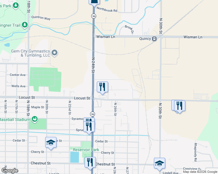 map of restaurants, bars, coffee shops, grocery stores, and more near 2410-2490 Cresent Ln in Quincy