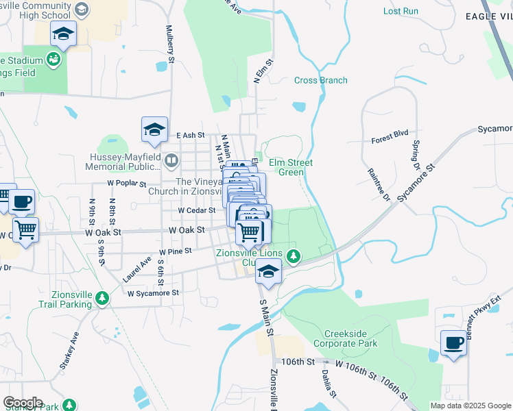map of restaurants, bars, coffee shops, grocery stores, and more near 85 East Cedar Street in Zionsville