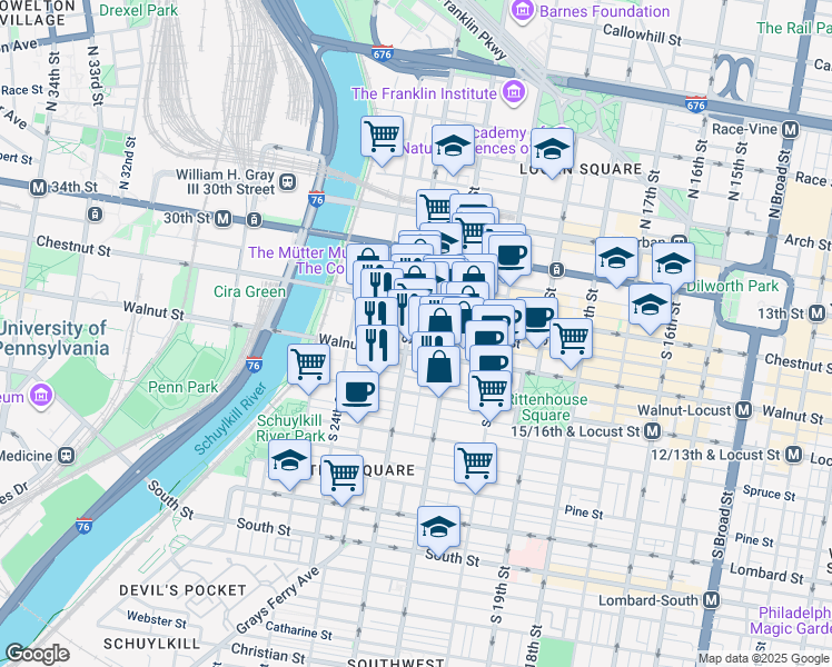map of restaurants, bars, coffee shops, grocery stores, and more near 125 South 22nd Street in Philadelphia