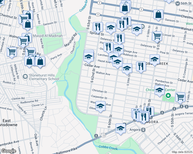 map of restaurants, bars, coffee shops, grocery stores, and more near 6147 Catharine Street in Philadelphia