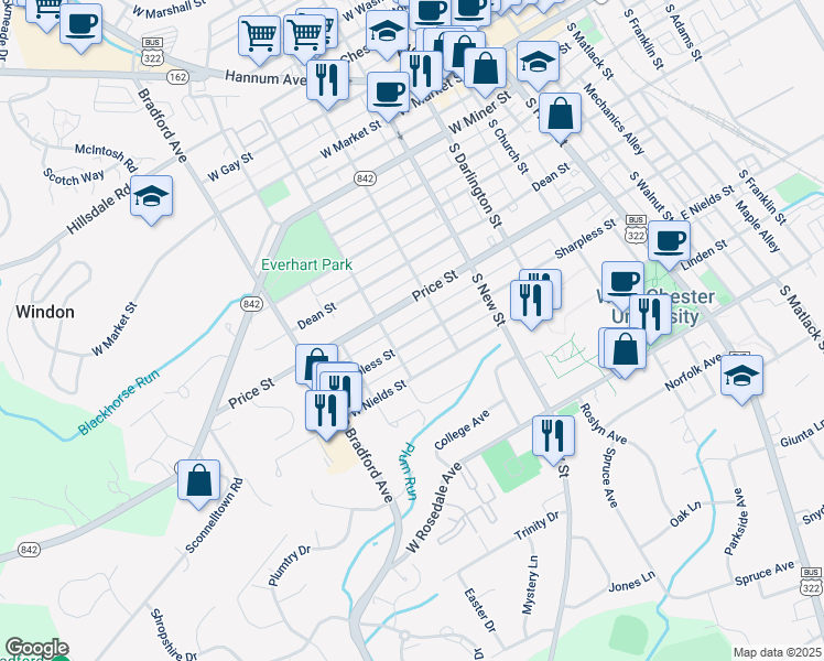 map of restaurants, bars, coffee shops, grocery stores, and more near 435 Sharpless Street in West Chester