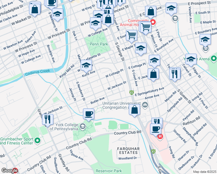 map of restaurants, bars, coffee shops, grocery stores, and more near 137 West Jackson Street in York