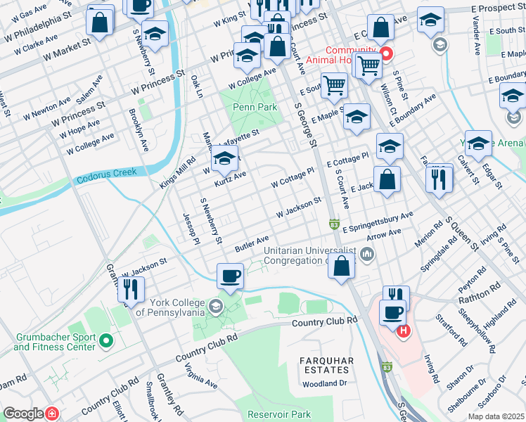 map of restaurants, bars, coffee shops, grocery stores, and more near 734 South Pershing Avenue in York