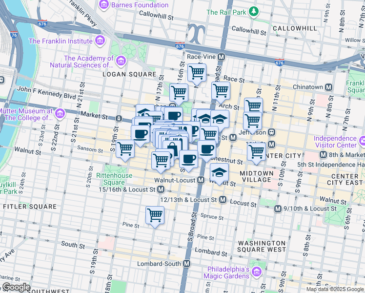 map of restaurants, bars, coffee shops, grocery stores, and more near 1508 Sansom Street in Philadelphia