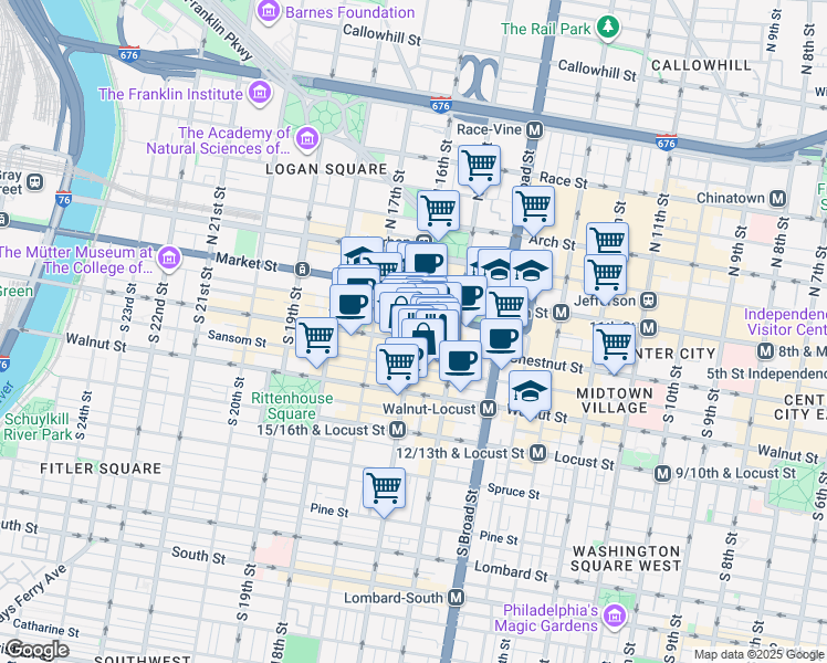 map of restaurants, bars, coffee shops, grocery stores, and more near 50 South 16th Street in Philadelphia