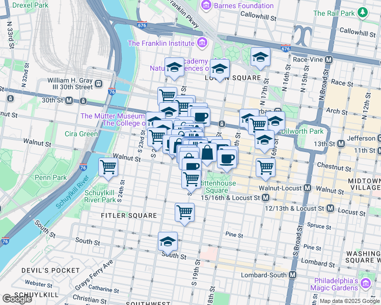 map of restaurants, bars, coffee shops, grocery stores, and more near 2013 Sansom Street in Philadelphia