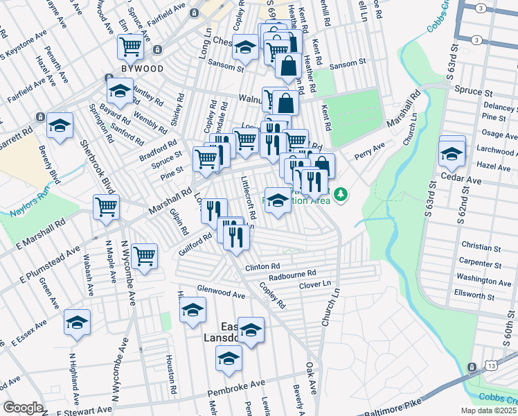 map of restaurants, bars, coffee shops, grocery stores, and more near 540 Millbank Road in Delaware County