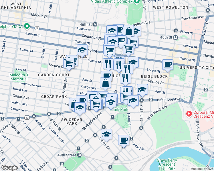 map of restaurants, bars, coffee shops, grocery stores, and more near 4428 Pine Street in Philadelphia