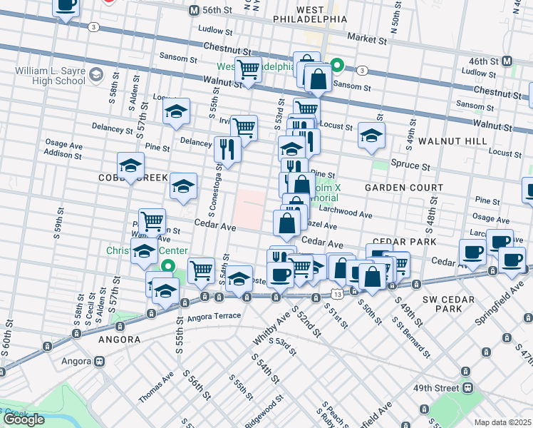map of restaurants, bars, coffee shops, grocery stores, and more near 5258 Hazel Avenue in Philadelphia
