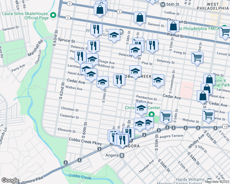 map of restaurants, bars, coffee shops, grocery stores, and more near 5819 Pemberton Street in Philadelphia