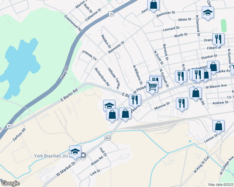 map of restaurants, bars, coffee shops, grocery stores, and more near 260 East Berlin Road in York