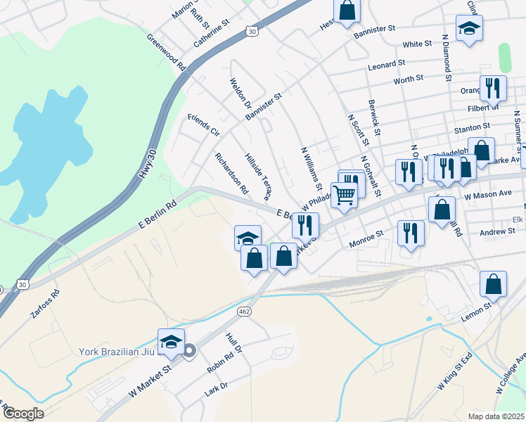 map of restaurants, bars, coffee shops, grocery stores, and more near 260 East Berlin Road in York