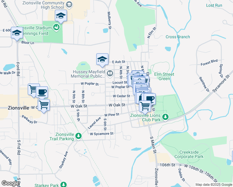map of restaurants, bars, coffee shops, grocery stores, and more near 40 South 4th Street in Zionsville