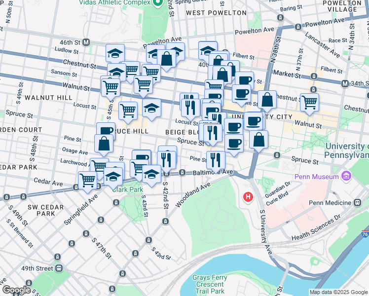 map of restaurants, bars, coffee shops, grocery stores, and more near 307 South 41st Street in Philadelphia