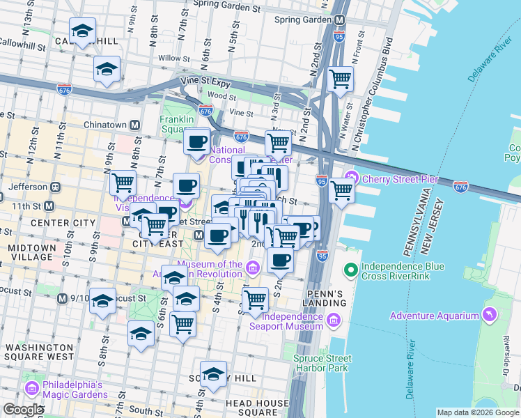 map of restaurants, bars, coffee shops, grocery stores, and more near 47 North 3rd Street in Philadelphia