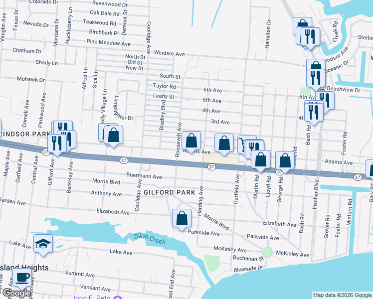 map of restaurants, bars, coffee shops, grocery stores, and more near 2202 New Jersey 37 in Toms River
