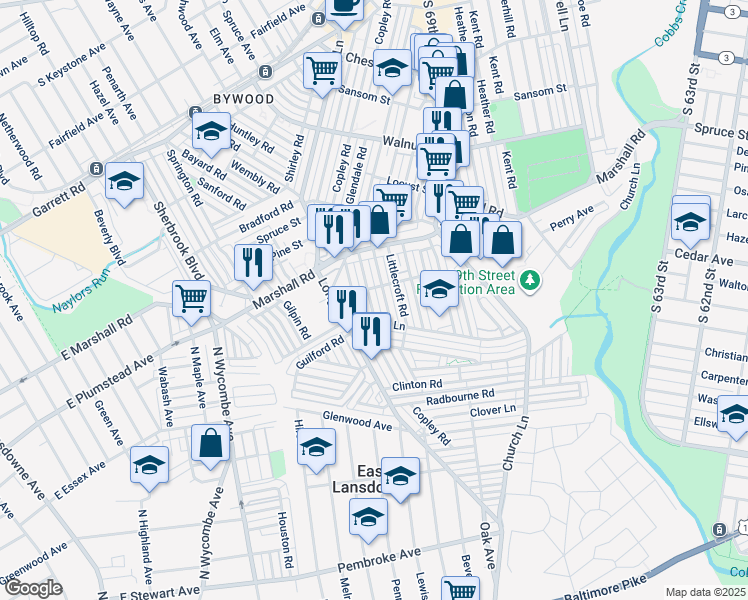 map of restaurants, bars, coffee shops, grocery stores, and more near 515 Glendale Road in Upper Darby