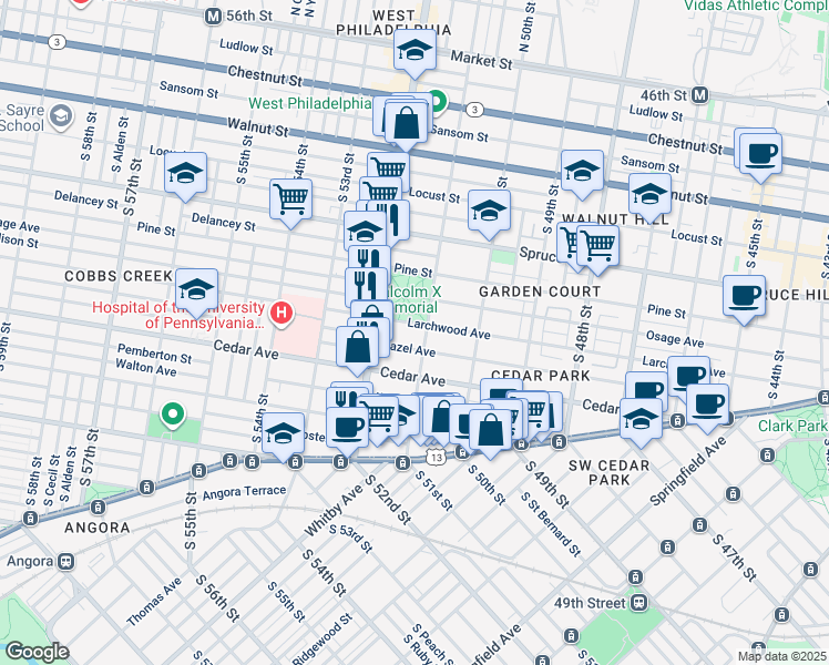 map of restaurants, bars, coffee shops, grocery stores, and more near 5104 Hazel Avenue in Philadelphia