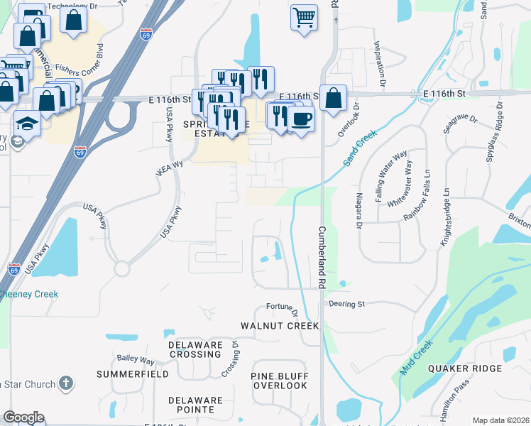 map of restaurants, bars, coffee shops, grocery stores, and more near 11156 Ridgewater Circle in Fishers