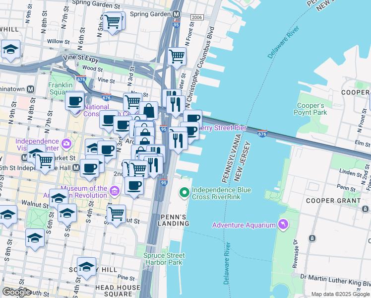 map of restaurants, bars, coffee shops, grocery stores, and more near 7 North Christopher Columbus Boulevard in Philadelphia