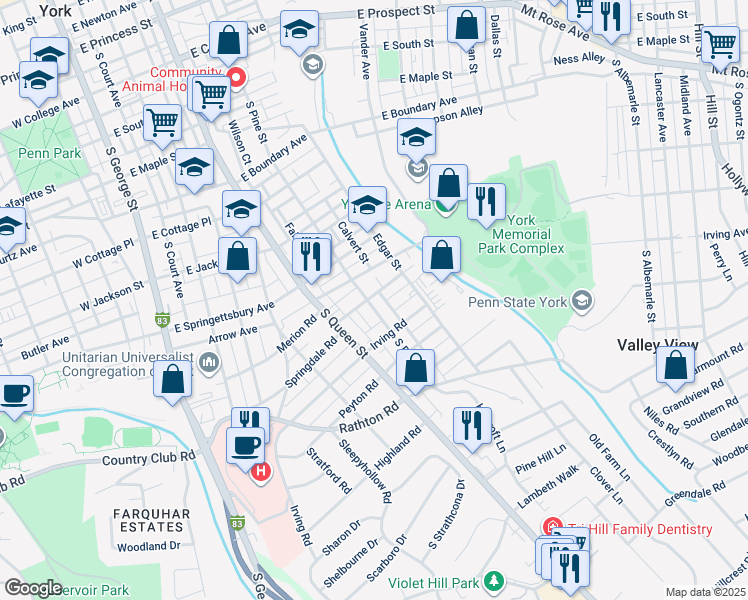 map of restaurants, bars, coffee shops, grocery stores, and more near 1003 South Pine Street in York