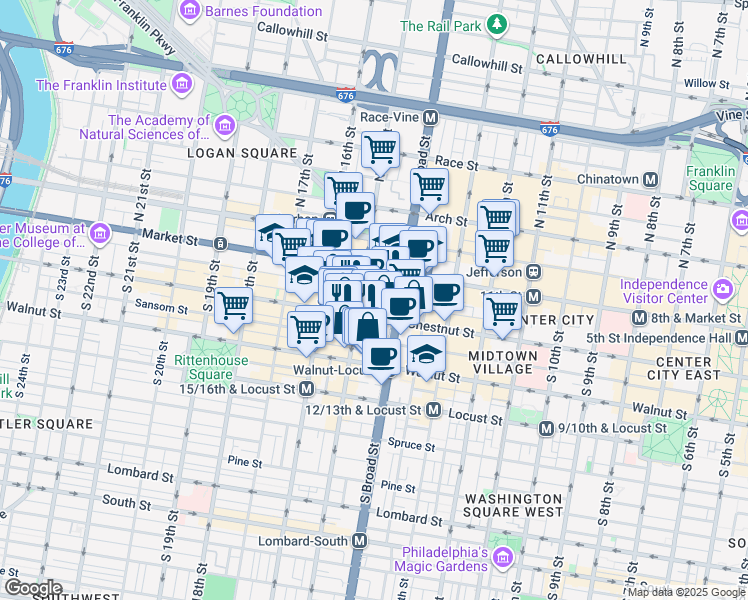 map of restaurants, bars, coffee shops, grocery stores, and more near 1414 South Penn Square in Philadelphia