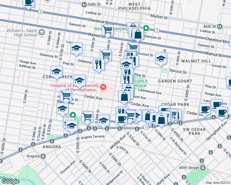 map of restaurants, bars, coffee shops, grocery stores, and more near 5258 Hazel Avenue in Philadelphia