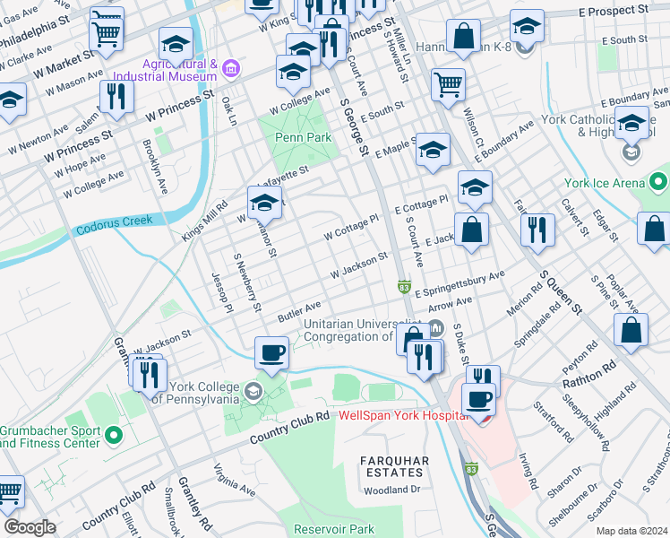 map of restaurants, bars, coffee shops, grocery stores, and more near 131 West Jackson Street in York