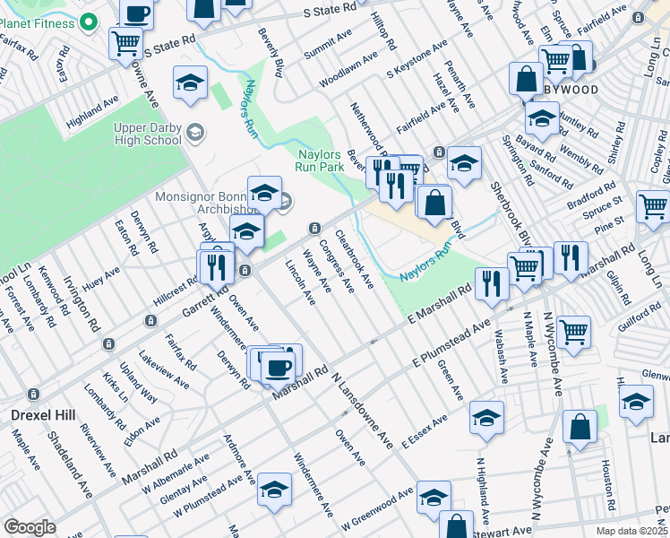 map of restaurants, bars, coffee shops, grocery stores, and more near 1901 Greenhill Road in Lansdowne
