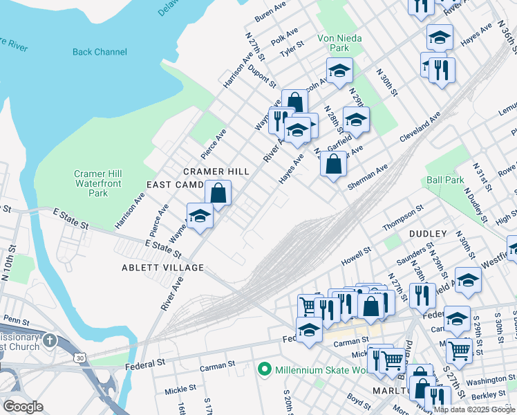 map of restaurants, bars, coffee shops, grocery stores, and more near 903A North 21st Street in Camden