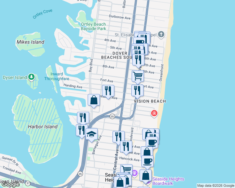 map of restaurants, bars, coffee shops, grocery stores, and more near 209 Eisenhower Avenue in Seaside Heights